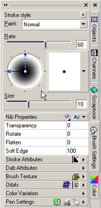 A set of Dockers for Corel PHOTO-PAINT, currently set to show the features of the Brush Settings