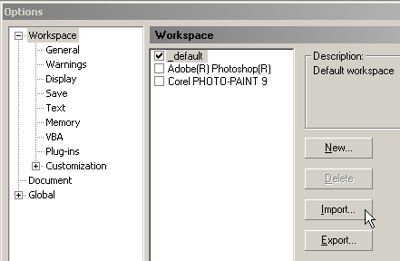 Workspace options menu in Corel PHOTO-PAINT. The options allow users to customize PHOTO-PAINT to user preference.